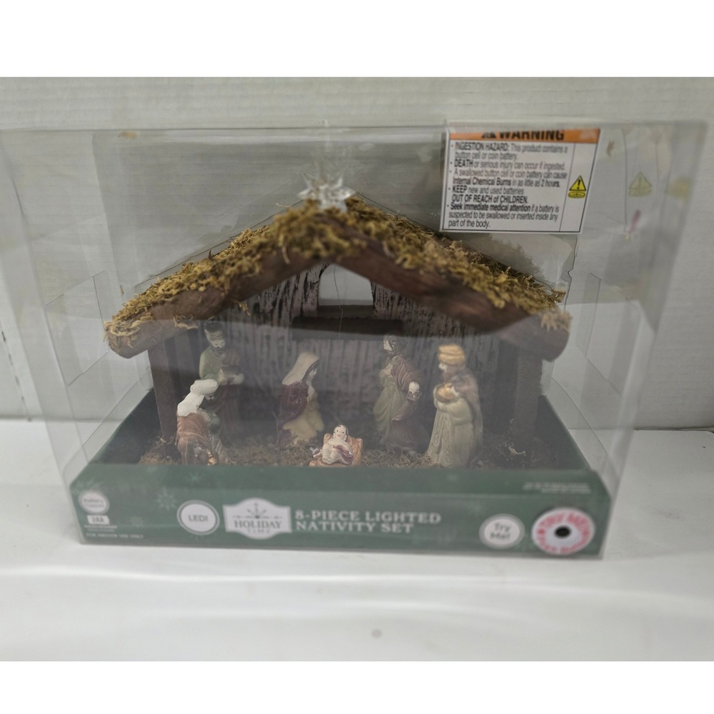 Holiday Time 8-Piece Lighted Nativity Set LED Star Wooden Creche Christmas Decor